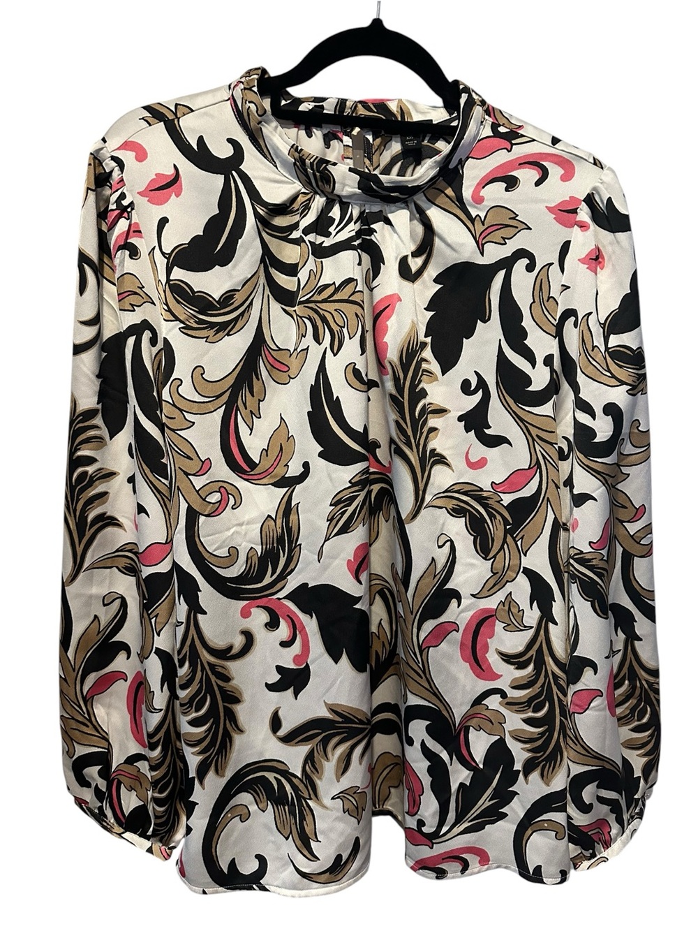 Ann Taylor Factory White Blouse with Black, Tan & Pink Scroll Print